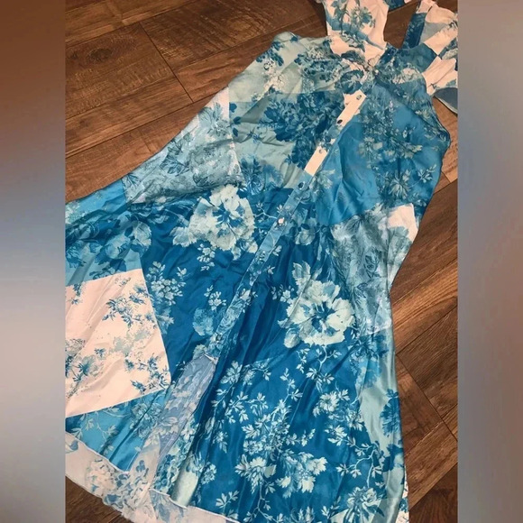 ASOS DESIGN satin midi dress button spring boho cutout in patchwork blue floral - Picture 7 of 8